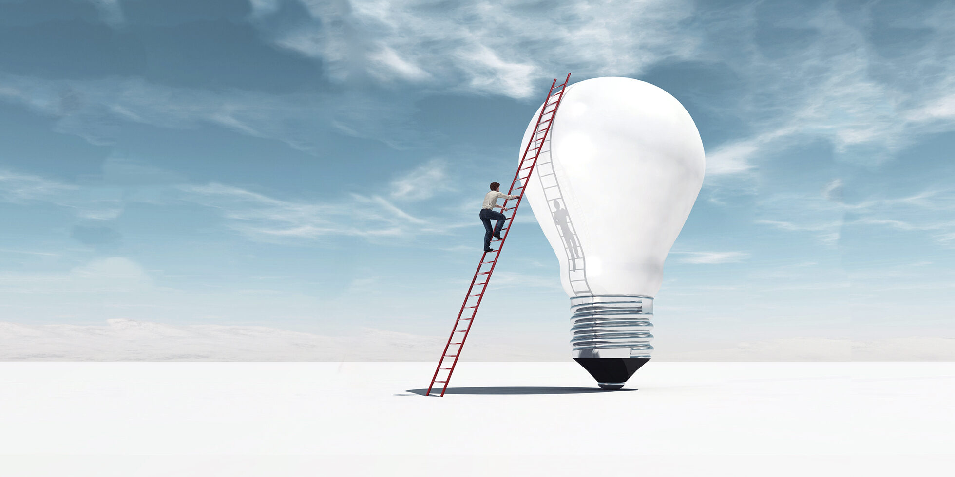 The man climbs on a ladder supported by a big bulb.